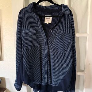 aerie Navy Textured Knit Button-Up Shirt Jacket